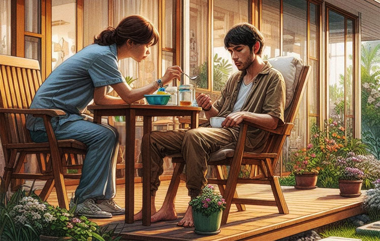 Perawat memberi makanan pada pasiennya