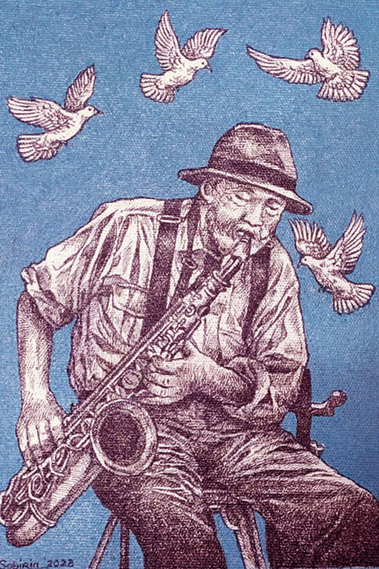 Ilustrasi drawing berupa figur seorang seniman musik sedang memainkan saxophone karya Drs. Moh. Sobirin