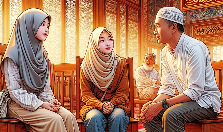 Ilustrasi: Aku diajak Icha ke Masjid La-outze untuk menemui seorang ustaz dengan tujuan ingin mengucapkan sahadat - (Sumber: Bing Image Creator AI/Dall-E)