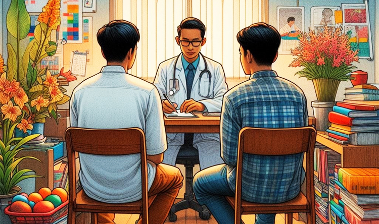 Ilustrasi: I Mustika Wayan saat mengantarkan temannya yang sakit ke dokter