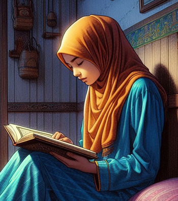 Ilustrasi: Selepas melaksanakan salat Tahajud, aku melihat Icha melanjutkan ibadahnya dengan membaca Alquran - (Sumber: Bing Image Creator AI/Dall-E)