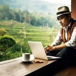 Ilustrasi: Seorang pria sedang menikmati indahnya pagi di teras rumahnya sambil menulis dan ditemani secangkir kopi - (Sumber: Meta AI)