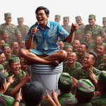 Ilustrasi: Gambar pria sedang berorasi di sekitar tentara - (Sumber: Arie/BJN)