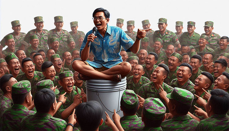 Ilustrasi: Gambar pria sedang berorasi di sekitar tentara - (Sumber: Arie/BJN)