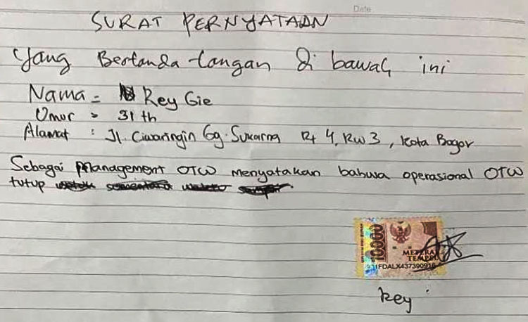 Surat pernyataan dari pihak manajemen Penginapan OTW - (Sumber: Neneng Salbiah)