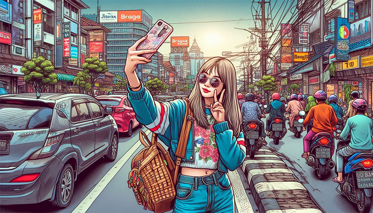 Ilustrasi: Seorang remaja wanita dari Gen Z sedang bersua foto di pinggir jalan di keramaian Kota Bandung - (Sumber: Arie/BJN)