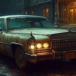 Sedan tua dan wanita bergaun putih